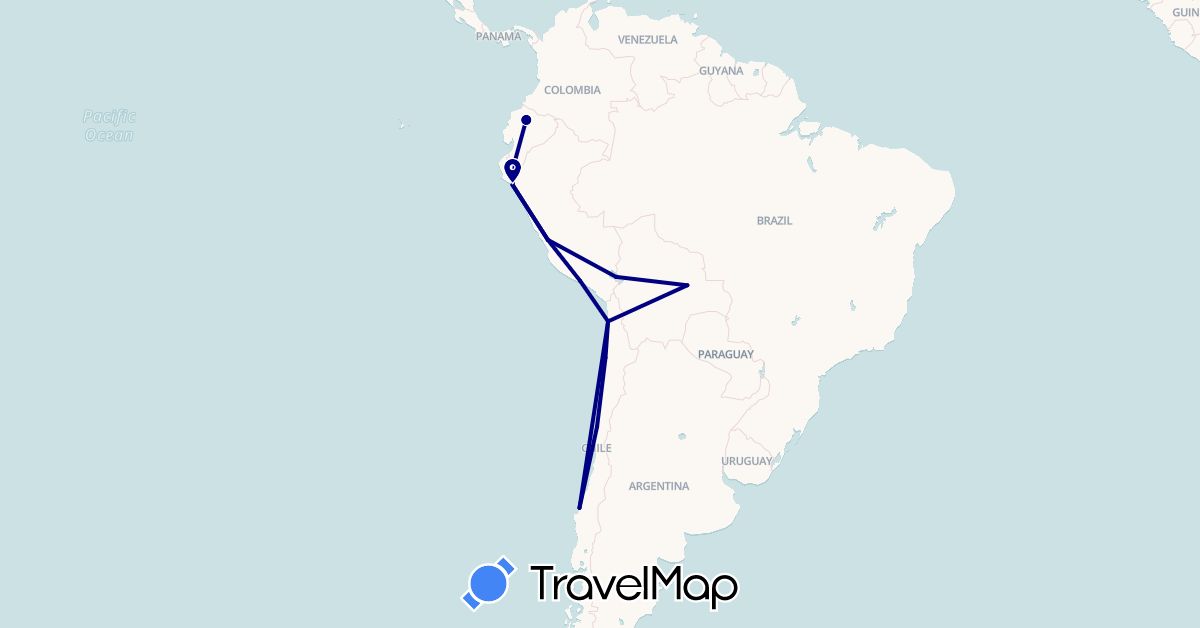 TravelMap itinerary: driving in Bolivia, Chile, Ecuador, Peru (South America)